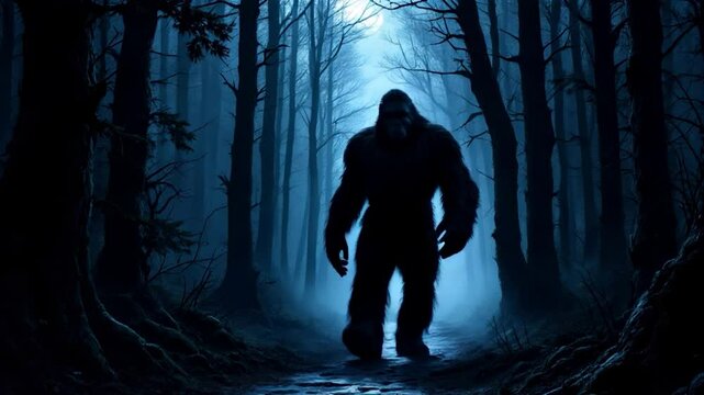 Bigfoot silhouette in misty forest path at night, eerie scene.