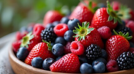 Obraz premium A vibrant assortment of fresh berries displayed in a rustic wooden bowl, showcasing a colorful mix of strawberries, blueberries, raspberries, and blackberries.