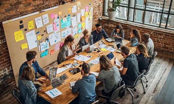 Team brainstorming session in a creative workspace with notes