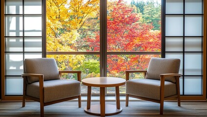 Fototapeta premium Autumnal View: Two Armchairs Facing Colorful Fall Foliage Through a Large Window, Serene Tranquility.