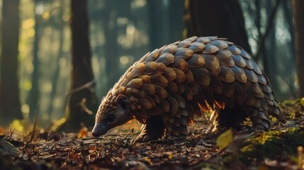 Fototapeta premium A pangolin walking through the forest, covered in protective scales.