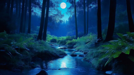 Obraz premium Enchanting Night Woodland Scene with Moonlit Reflections