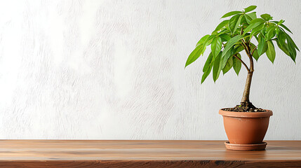A small potted plant sits on a wooden table. generated by AI