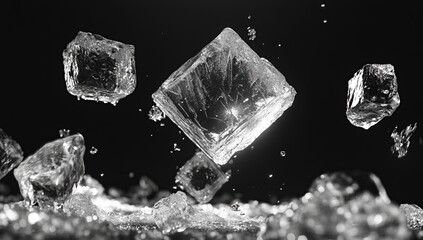 Ice Cubes Falling: Crystal Clear Frozen Water Cubes in Motion,  Dramatic Black Background, Stunning Visuals