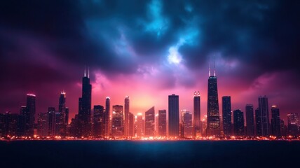 Fototapeta premium A vibrant city skyline illuminated by colorful lights under a dramatic sky.