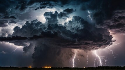 A dramatic thunderstorm sky filled with dark, swirling clouds and flashes of lightning, capturing the intensity and power of nature in a striking and atmospheric scene.
