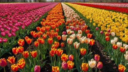 Fototapeta premium A vibrant tulip field in full bloom, showcasing a stunning array of colors and patterns, creating a picturesque landscape that celebrates the beauty of spring.