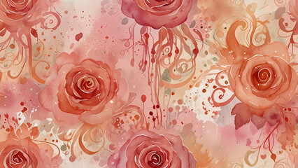 An enchanting romantic-themed abstract illustration featuring watercolor-inspired swirls in pink, peach, and cream tones, layered with faint outlines of roses and hearts that appear to float gently