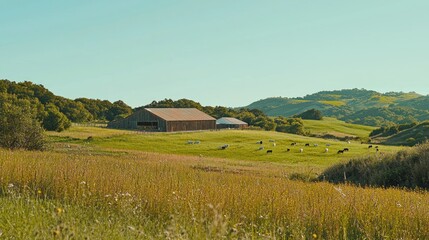 Fototapeta premium A panoramic view of an organic farm landscape with rolling fields, a barn, and grazing animals under a clear sky