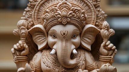 Obraz premium Intricate Wooden Sculpture of Elephant Deity in a Workshop Setting