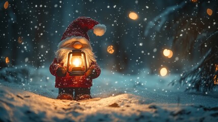Enchanted Gnome with Lantern in Snowy Winter Forest