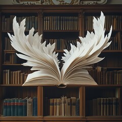 An open book with wings spread wide, soaring above a bookshelf filled with countless stories.