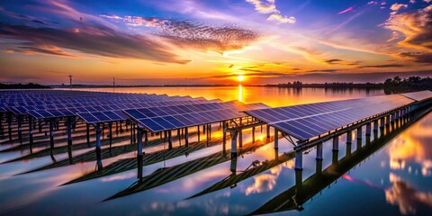Fototapeta premium Low Light River Solar Farm: Night Photography, Renewable Energy, Sustainable Power, Solar Panels on Water