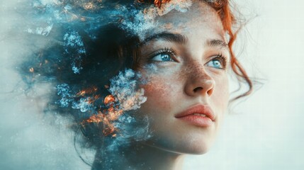 Surreal portrait of a woman with abstract elements merging into her features, showcasing creativity and transformation.