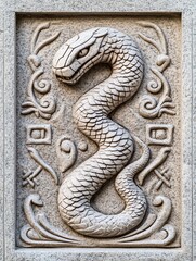 Serpent carved into an ancient stone tablet, surrounded by runes and mystical symbols, Ancient, Ritualistic Power
