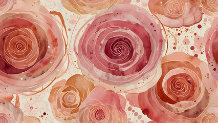 An enchanting romantic-themed abstract illustration featuring watercolor-inspired swirls in pink, peach, and cream tones, layered with faint outlines of roses and hearts that appear to float gently