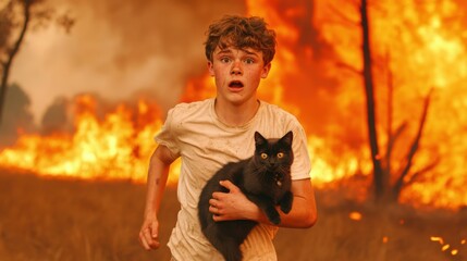 A young boy running from a wildfire, clutching a black cat, with intense flames and smoke in the background.