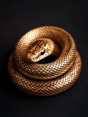 Fototapeta premium Elegant brown snake coiled on black background