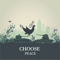 A dove of peace flies over two tanks with the words 'Choose Peace' in the foreground.