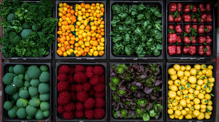 Colorful Variety of Fresh Produce in Market Bins, broccoli, kale, orange peppers, yellow peppers, red peppers