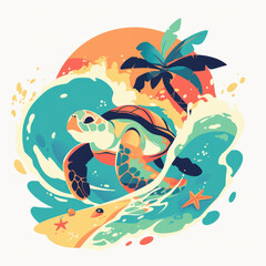 Fototapeta premium A Turtle Walking on the Beach in a Calming Flat Illustration