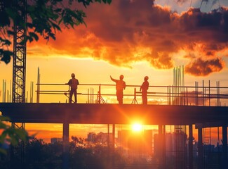 Silhouette of construction worker team working on building structure at sunset, with other workers and engineer pointing blueprint in background, showing teamwork concept.