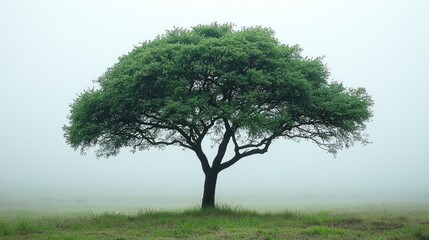Solitary Tree in Misty Meadow: A Serene Landscape