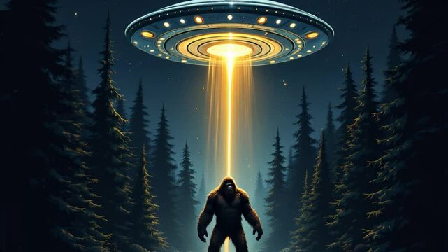 UFO encounter with Bigfoot in foggy forest at night.