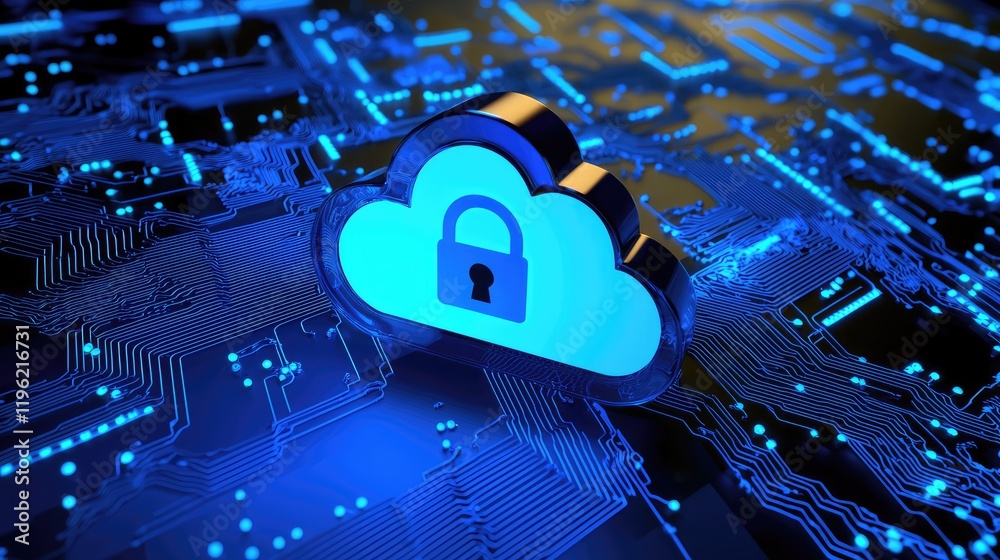 Poster A glowing blue cloud icon with a padlock symbolizes secure cloud storage over a circuit board. Ideal for cybersecurity, cloud technology, and secure data marketing