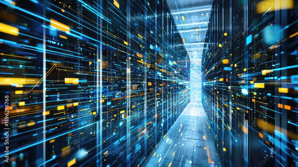 Poster A vibrant server room illuminated with dynamic blue and yellow lights symbolizes data flow and advanced technology. Ideal for IT infrastructure, cloud computing, and networking content