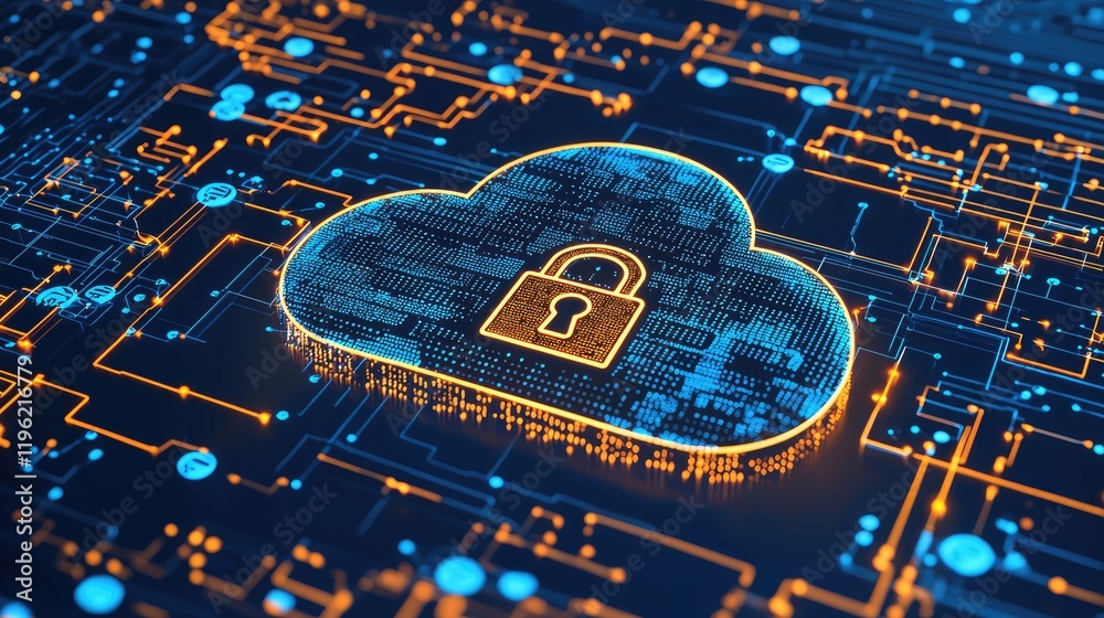 Poster A digital cloud with a glowing padlock over a circuit board represents secure cloud storage and data protection. Ideal for cybersecurity and technology marketing