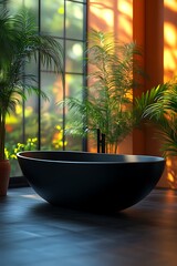 Sunlit modern bathroom with black bathtub and tropical plants.