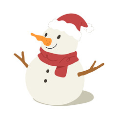 Cute snowman wearing scarf and Christmas hat isolated on white background. Concept of winter, snow season, December festive, Christmas festival. Flat vector illustration cartoon character.