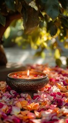Obraz premium Diwali theme background of Indian flowers with a candle on an ornate bowl