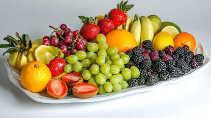 A white plate with a variety of fruits including oranges, strawberries, bananas. generated by AI