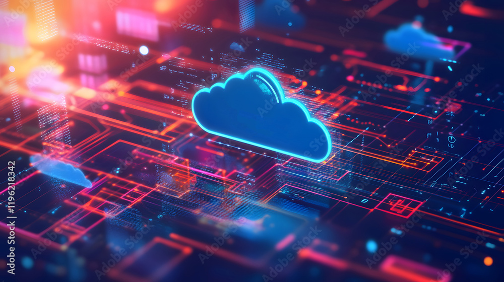 Poster a cloud landscape filled with floating analytics tools and scalable resources – illustrating 