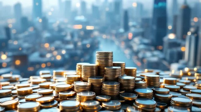 Golden coins stacked high, reflecting city lights, symbolizing wealth and urban prosperity.