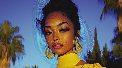 A young woman with dark skin and long hair is photographed with a colorful, digital effect.