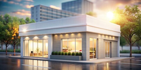Minimalist Storefront Design, White Facade, Flat Roof, Bokeh Photography, Modern Architecture, Building Exterior