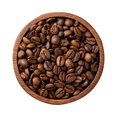 Roasted coffee beans in wooden bowl, Arabica coffee, Top view