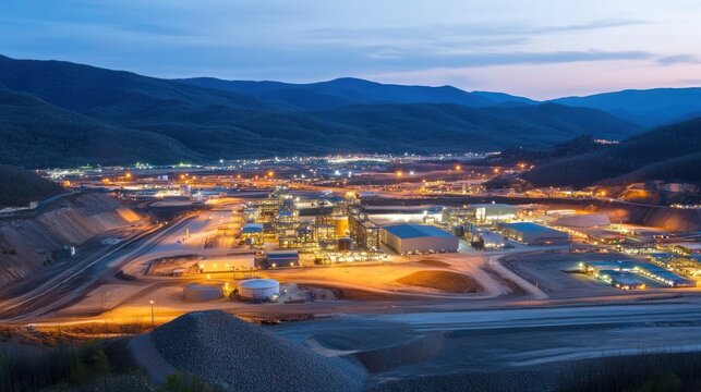 Night View of Illuminated Mining Facility Nestled in Mountainous Terrain