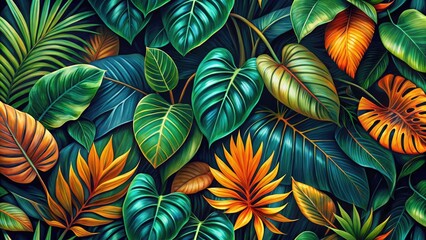 Naklejka premium Lush Tropical Leaves Panoramic Wallpaper, Vibrant Green Orange Foliage Dark Background, Exotic Plant Pattern