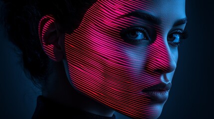 Close-up of a woman's face with pink lines. Futuristic and modern look.