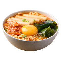 Spicy noodles soup with Tteokbokki, Wakame seaweed, kimchi cabbage and fresh egg yok. Korean food