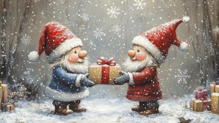 Two Gnomes Exchanging Gifts in a Snowy Winter Forest