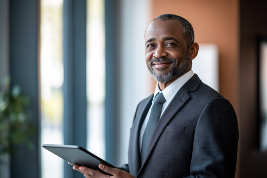 Mature african american businessman using digital tablet in modern office. Confident expression, business professionalism, and technology highlight his expertise. Ideal for business or tech themes.