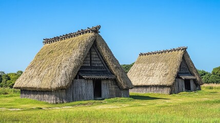 Traditional thatched-roof houses in a serene rural landscape