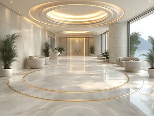 Luxurious modern hotel lobby with marble floor and circular seating.