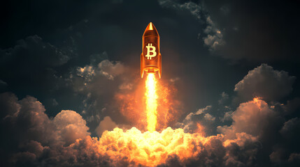 Bitcoin logo blasts rocket symbolizing cryptocurrency investment rapid growth financial industry. Blazetide. Illustration
