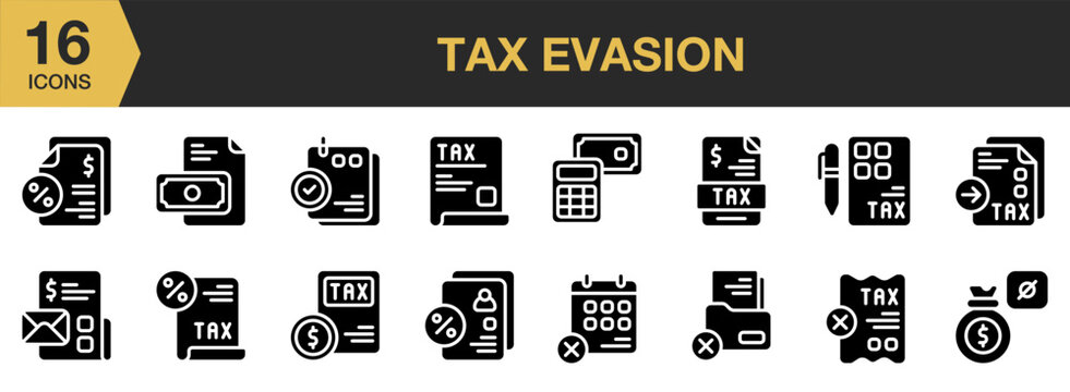 Tax Evasion solid icon set. Includes tax, payment, income, economy, cash, and More. Solid icons vector collection.